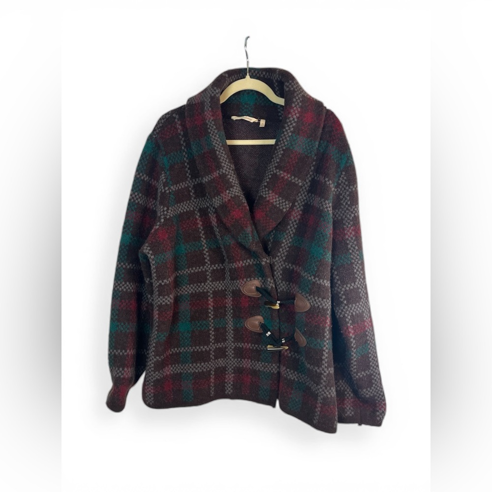 Soft Surroundings Wool Alpaca Shawl‎ Collar Toggle Cardigan Jacket Plaid Boho XL